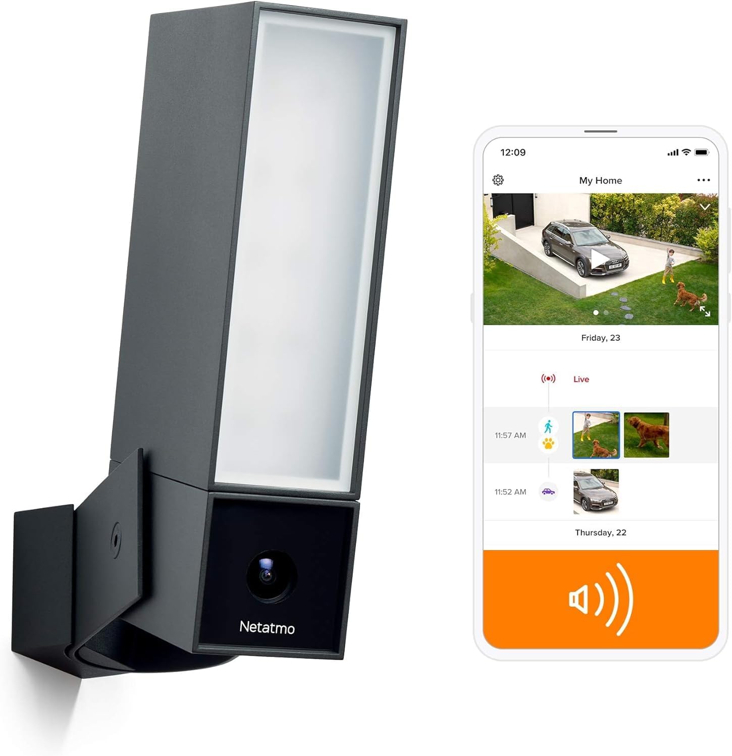 Netatmo Smart Outdoor Security Camera mounted above doorway with integrated floodlight and siren
