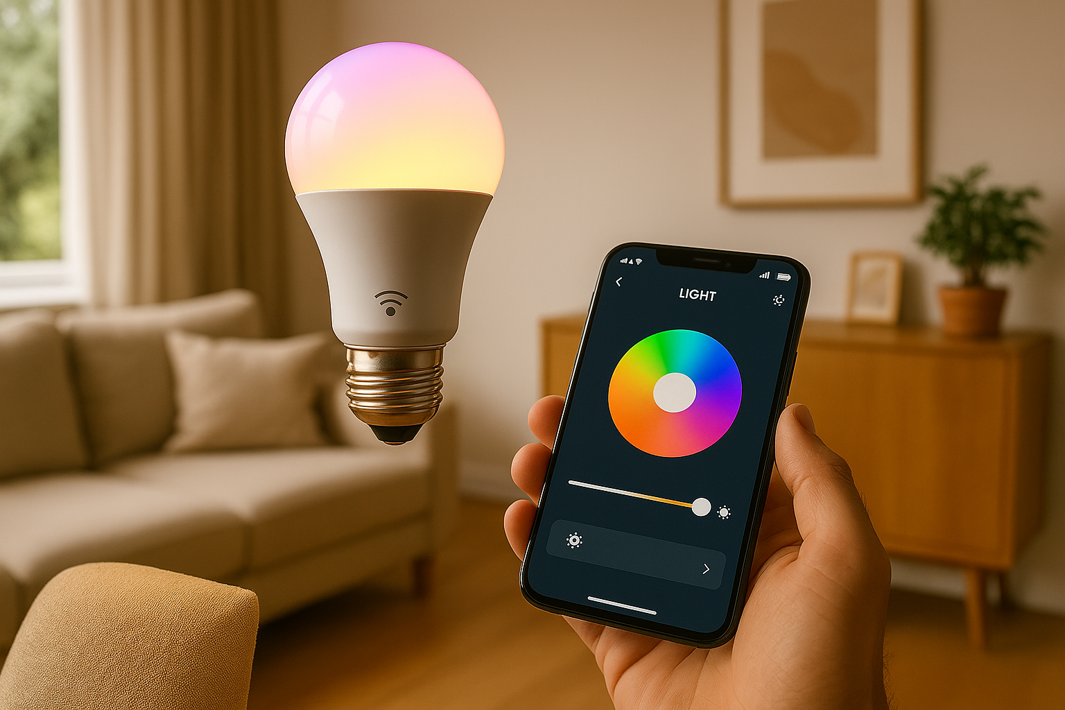 Energy-saving smart light bulbs in modern UK home